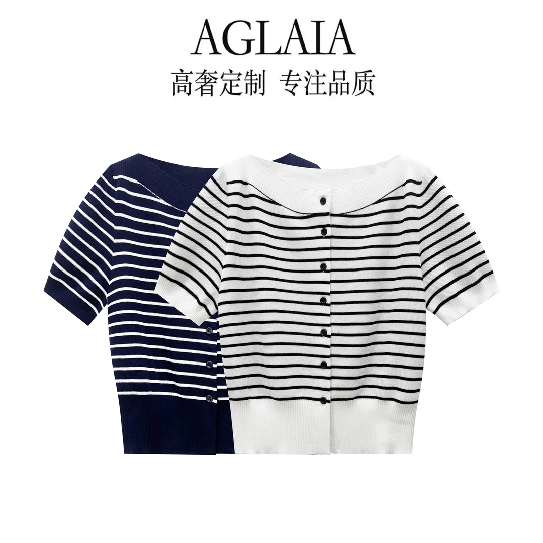 AGLAIA夏季新款重工时尚百搭小众一字领条纹针织衫T桖女6076