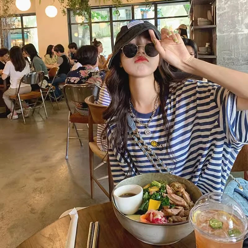 5 2025夏季新款设计感小众韩系上衣宽松慵懒风中长款短袖条纹T恤