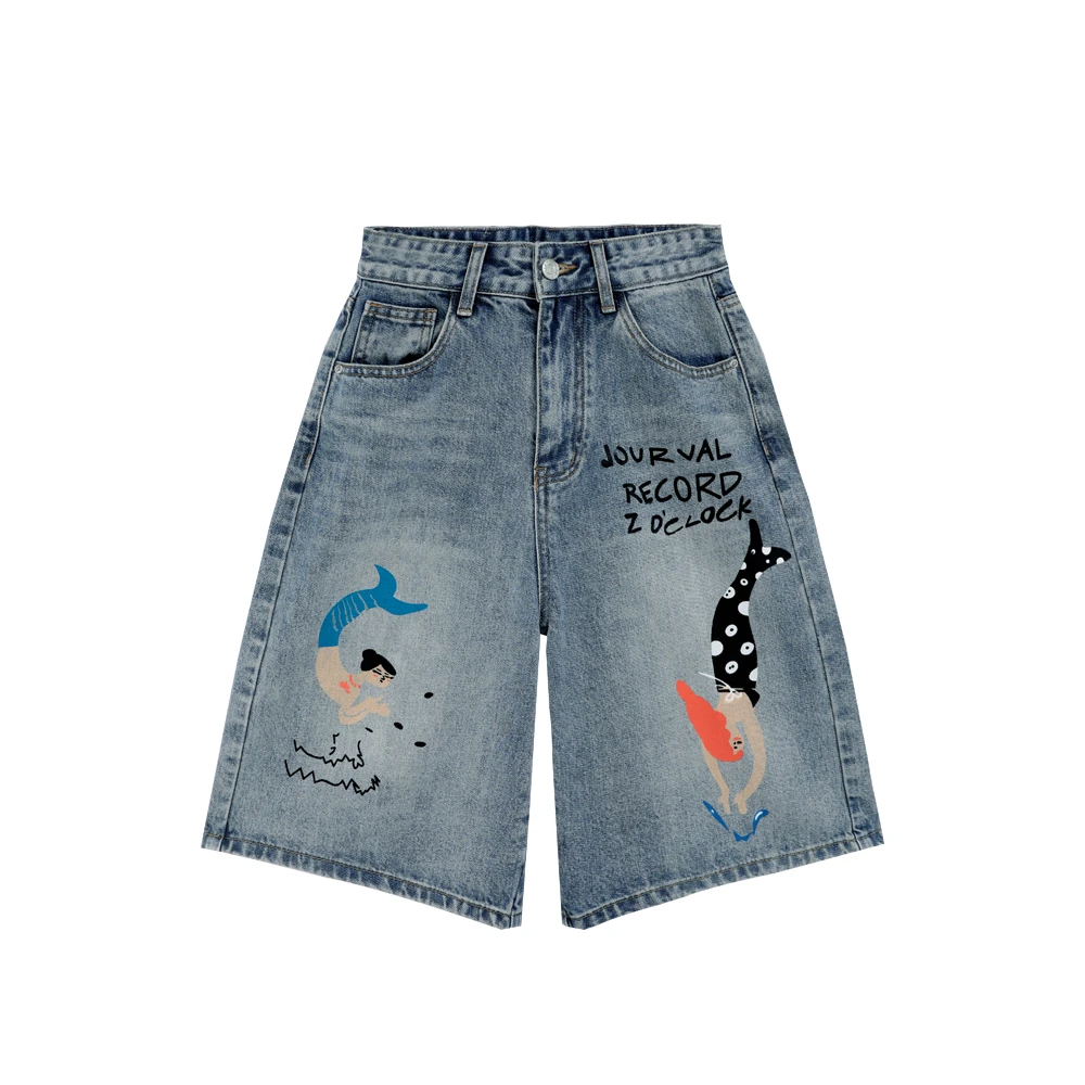 RADK53013五分裤时尚复古夏季短裤高腰印花牛仔五分裤