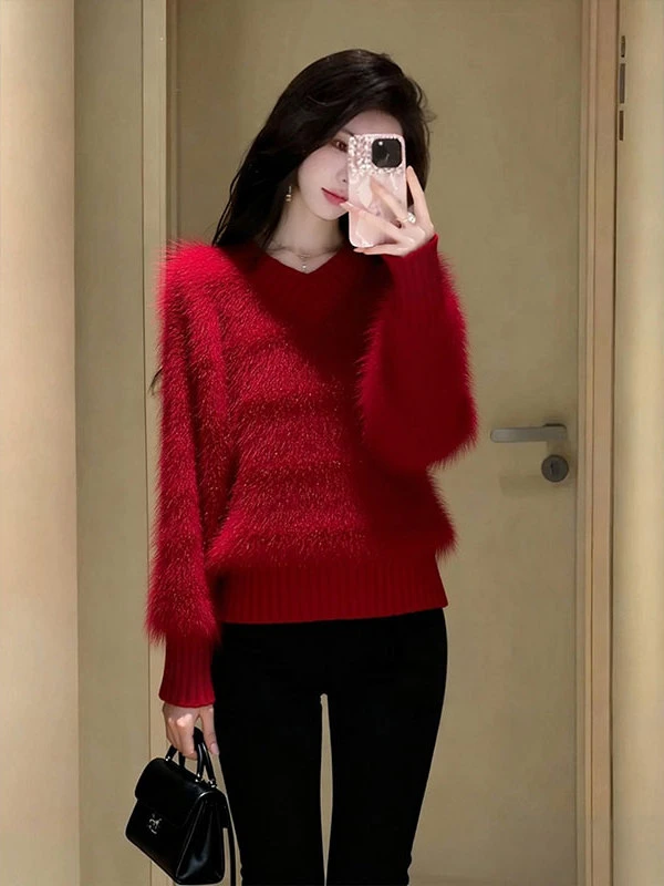 法式红色V领短款毛毛上衣女2025年新款初冬独特漂亮宽松毛绒毛衣
