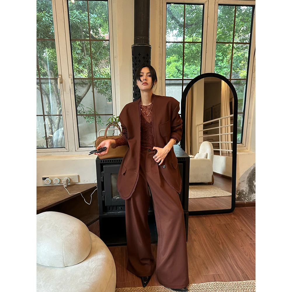 JCCC影子【绯纱序】红咖色小众设计无领西装长裤套装JE5BSE14