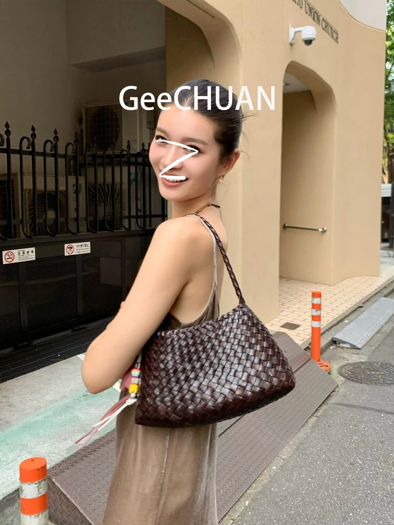 GeeCHUAN 夏季小众百搭简约编织包复古法式海边度假风单肩腋下包