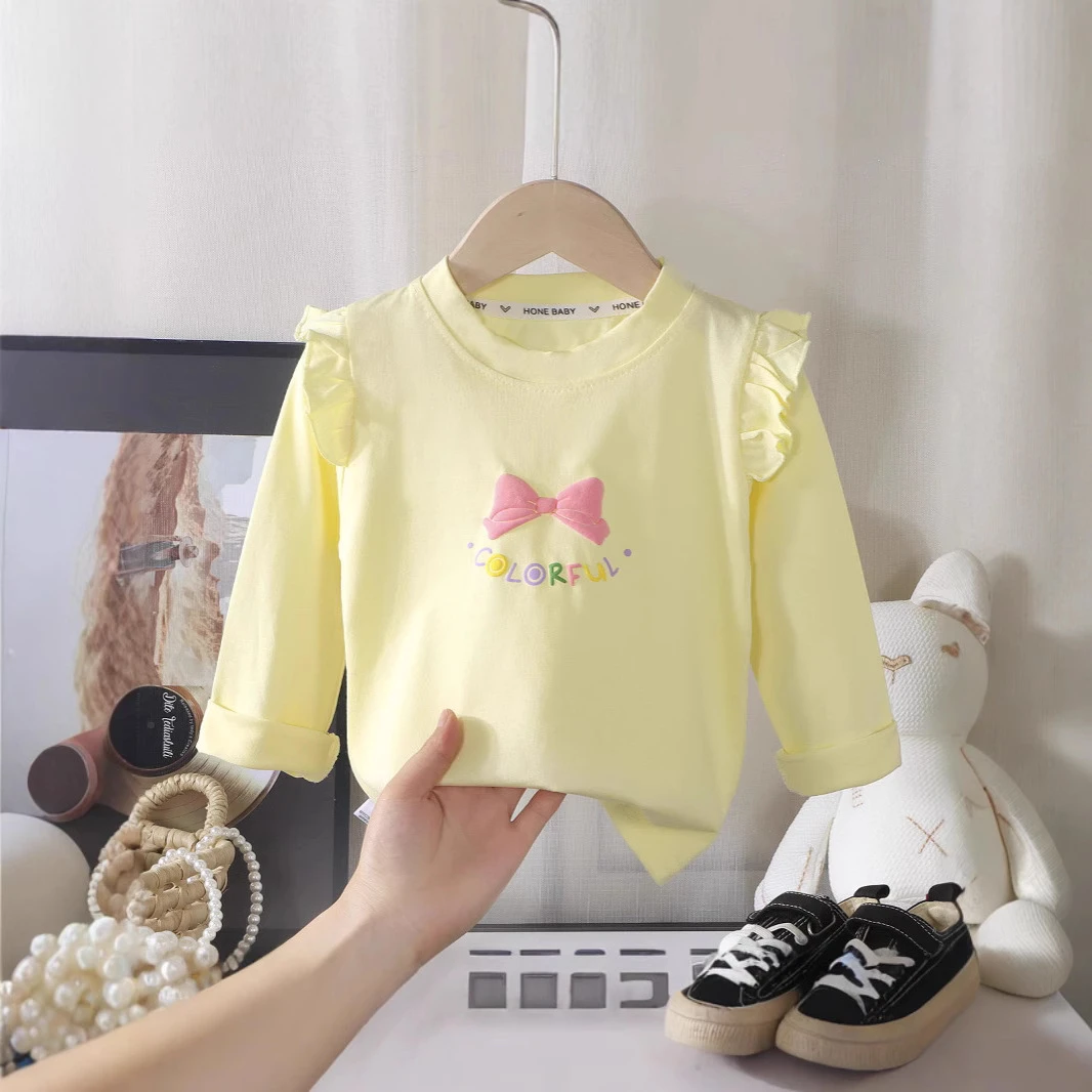 新款女童木耳边长袖T恤婴儿纯棉上衣春秋款儿童女宝宝洋气打底衫，