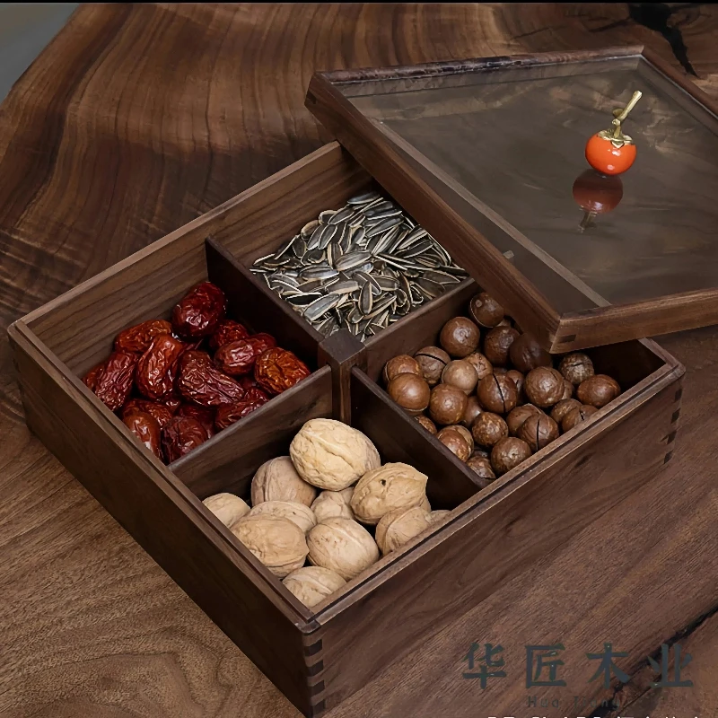 北美黑胡桃柿柿如意四格果盘糖果盒客厅零食点心盘26*26*10cm