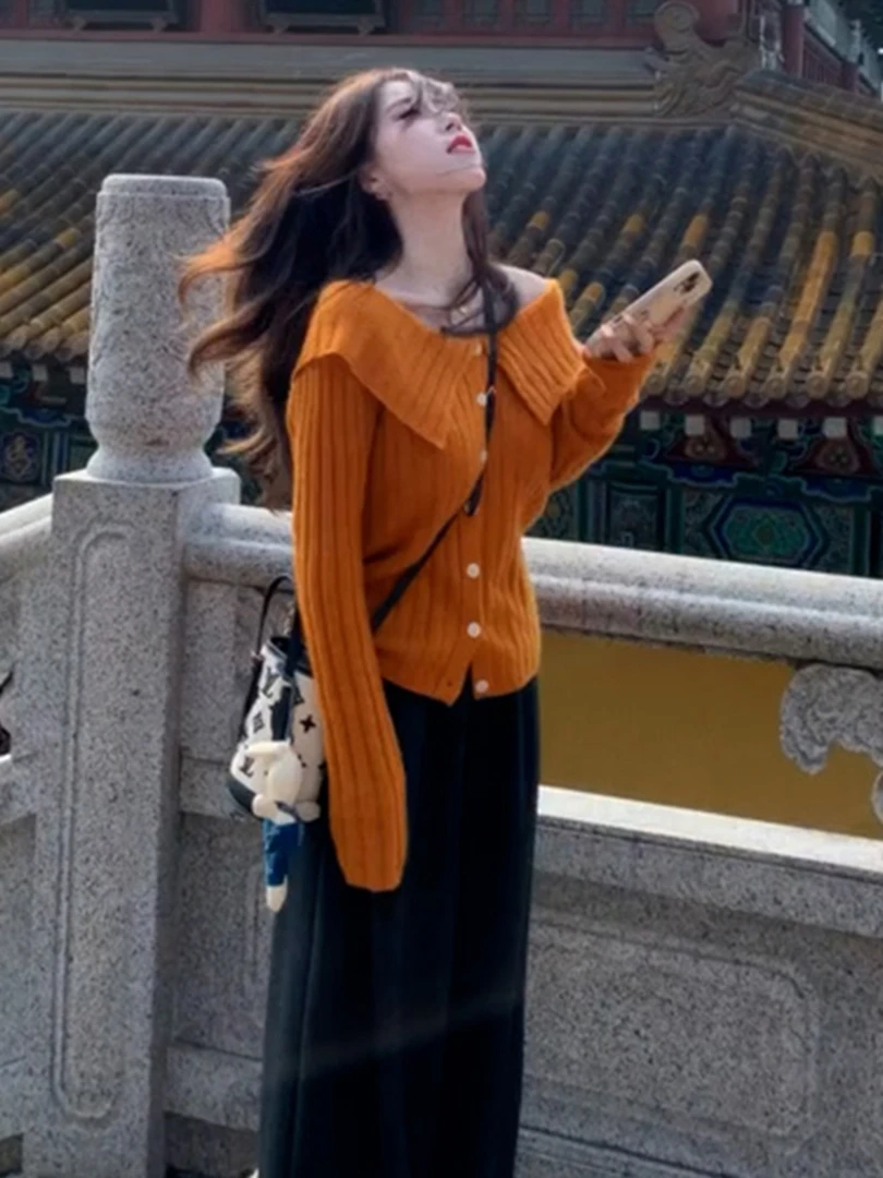 韩系慵懒松弛感毛衣多巴胺巨好看轻熟小众不撞款橘色针织开衫女秋