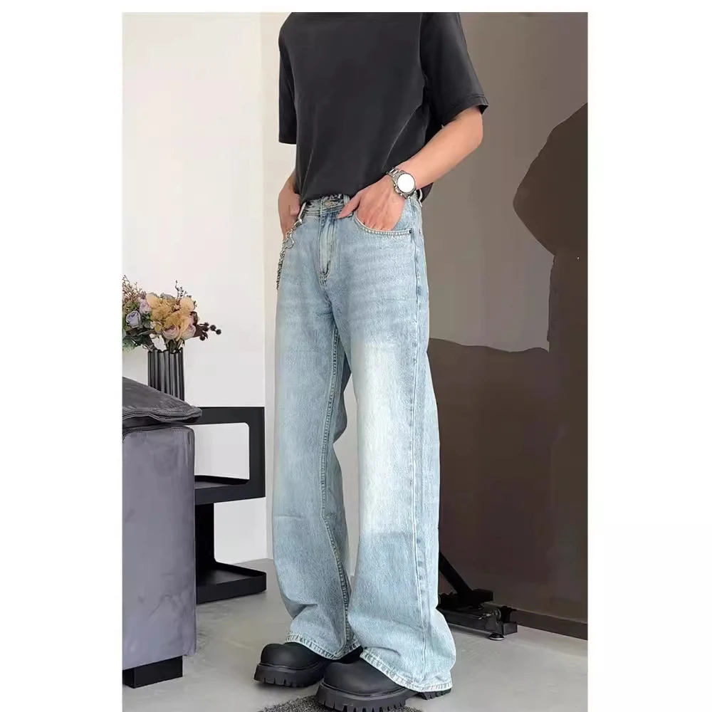 美式潮流冰蓝直筒微喇cleanfit牛仔裤高街ins潮长裤vibe裤子1001