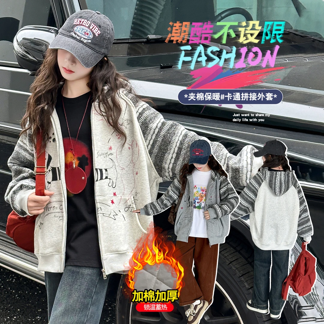 女童棉衣外套秋冬女大童加绒加厚棉服2025新款中学生洋气冬款上衣