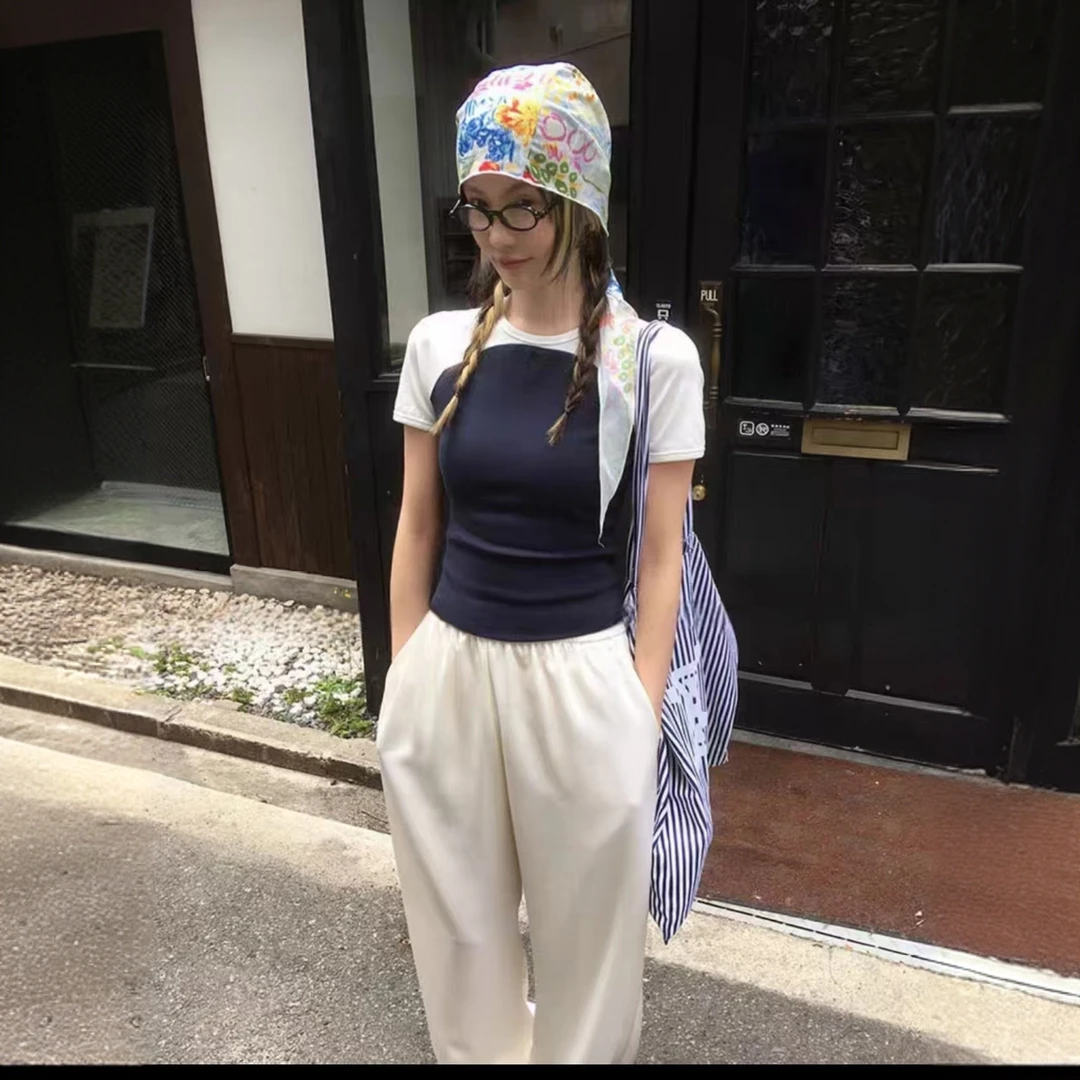 运补6-8 撞色拼接设计感显瘦圆领  新款修身chic短袖t恤棉上衣女