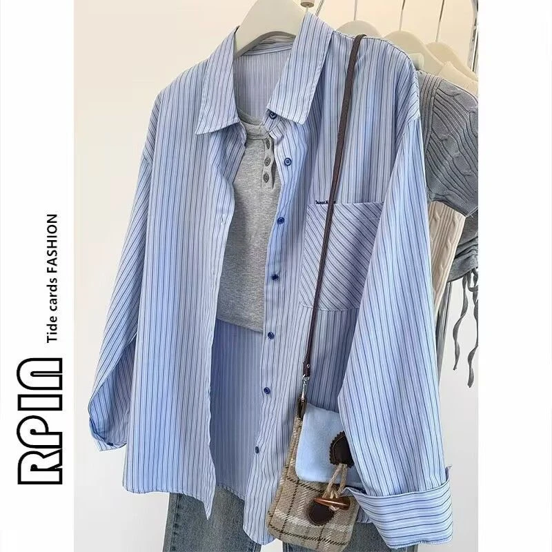 2025春秋季新款设计感刺绣法式蓝色系条纹衬衫女宽松显瘦百搭上衣