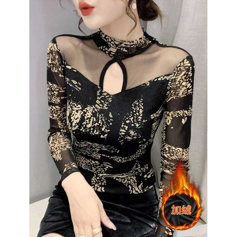 YH#【常规/加绒】性感镂空T恤纱网镶钻长袖女百搭打底衫DY-DF534