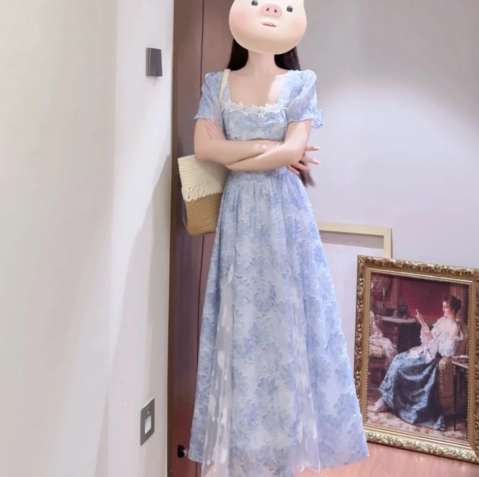 夏大码法式复古方领碎花仙女连衣裙温柔风设计感收腰显瘦长裙3721