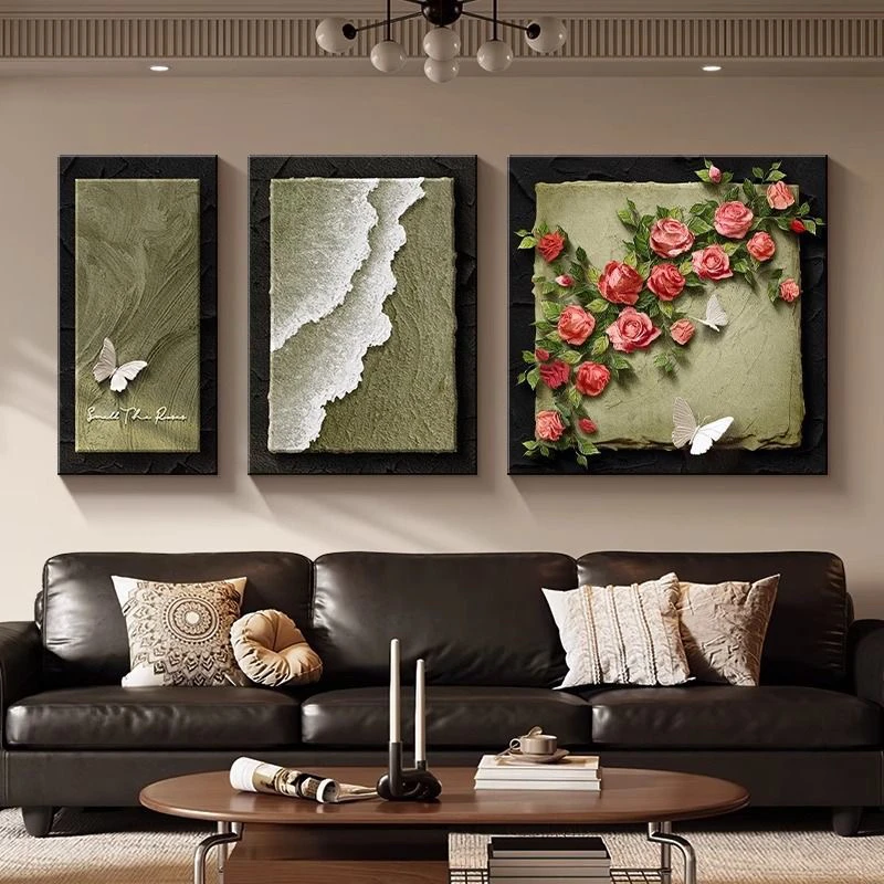 现代简约客厅装饰画黑白蝴蝶沙发背景墙挂画新款高级感三联壁画