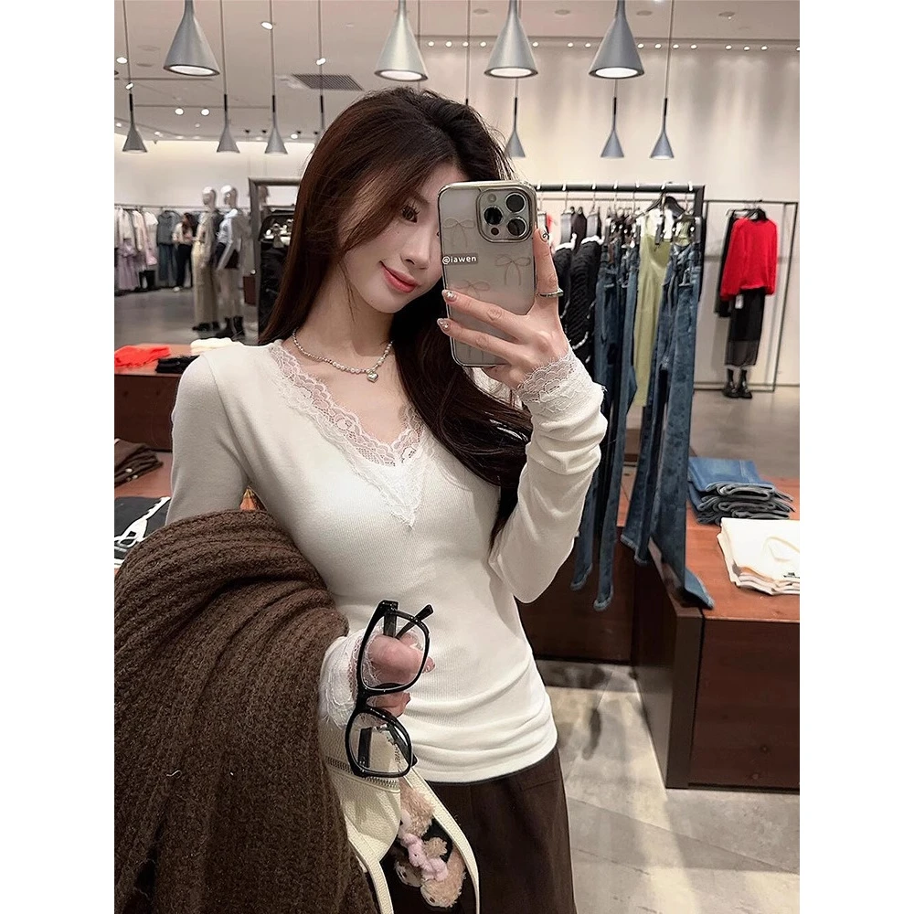纯欲感蕾丝拼接领长袖打底衫女秋冬温柔风修身内搭弹力V领T恤上衣