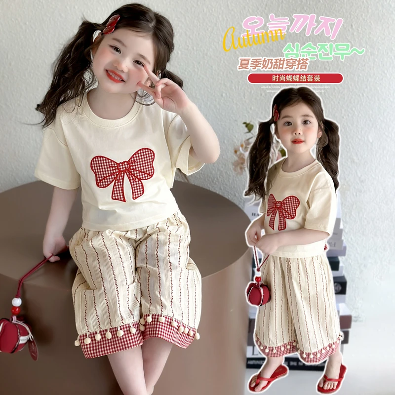 女童套装2025夏季新款儿童夏款薄款两件套女孩洋气时髦短袖七分裤