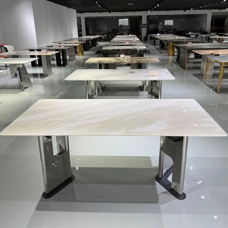 米兰白玉奢石餐桌方桌圆桌意式轻奢家用高端定制别墅餐桌带转盘