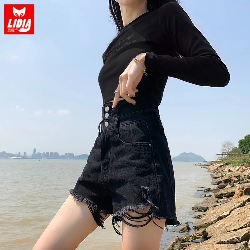 黑色牛仔短裤女夏季2025新款三扣超高腰收腹显瘦流苏a字热裤外穿