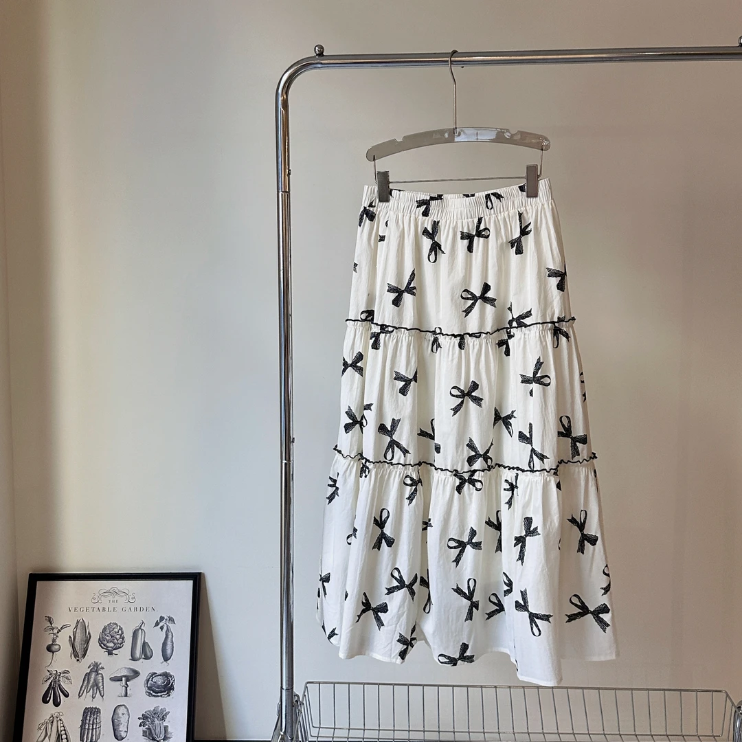 时尚百搭休闲舒适碎花气质夏季蝴蝶结印花半身裙-M25218326