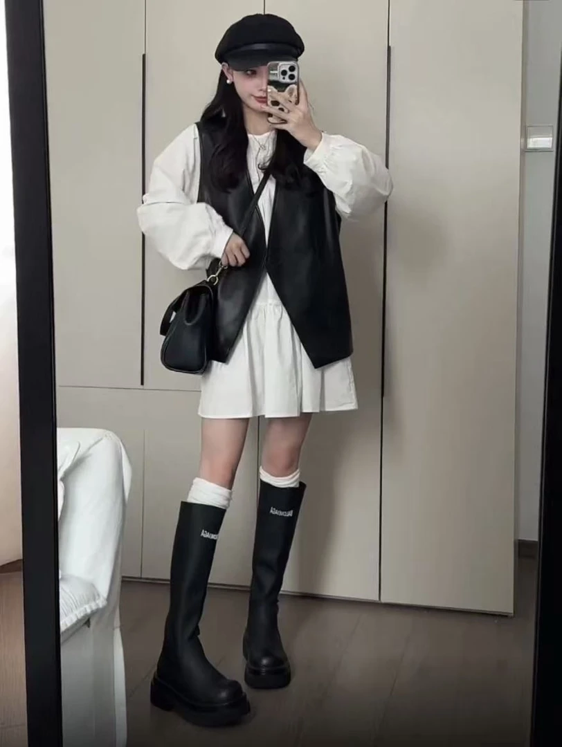 韩系穿搭小个子一整套时尚2025新款早秋衬衫叠穿皮马甲外套两件套