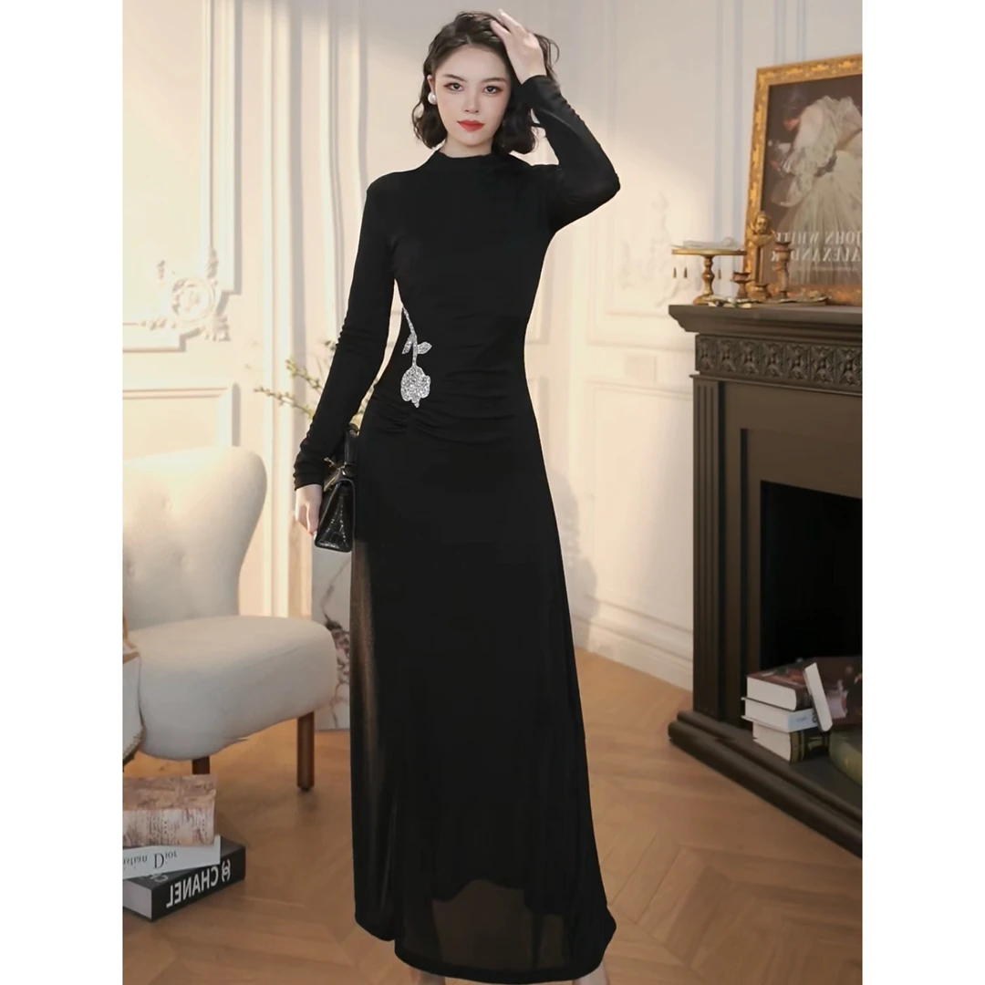 XUANYAN 长袖半高领立领长裙秋季连衣裙套头高弹力花朵长裙