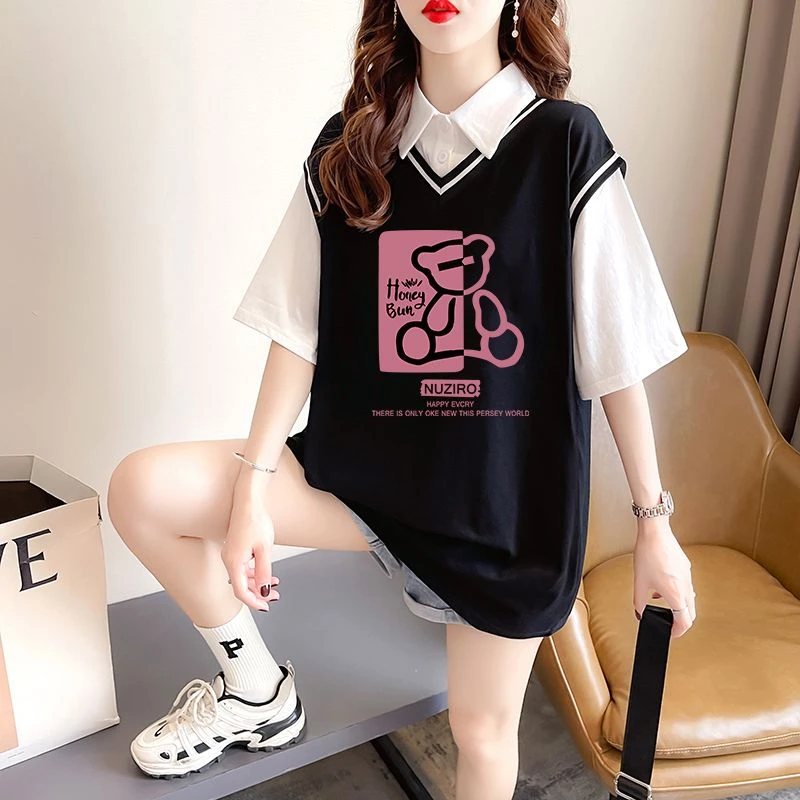 纯棉polo领假两件短袖t恤女2025新款夏季学院风韩版宽松上衣ins潮