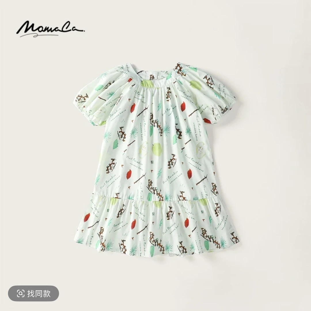 MOMOCO夏季2024女童牛油果绿连衣裙泡泡袖女宝棉布裙75620476001