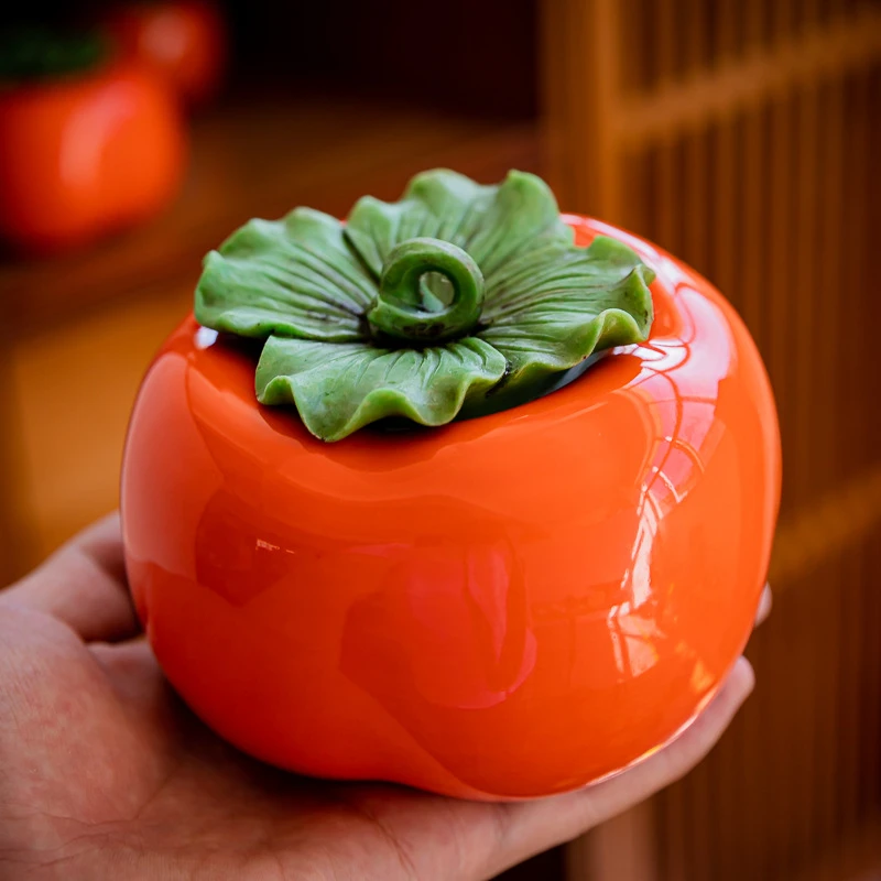 柿子茶叶罐 陶瓷家用大号创意密封储迷你小号存罐摆件