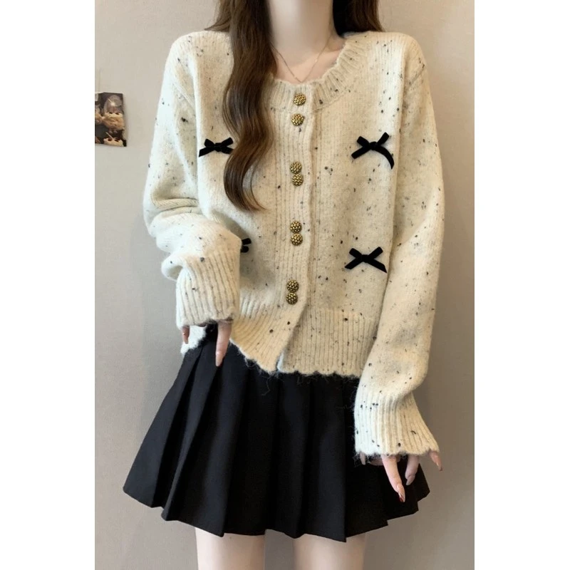 韩系彩点针织开衫女秋冬新款大码胖秋季蝴蝶结毛衣外套