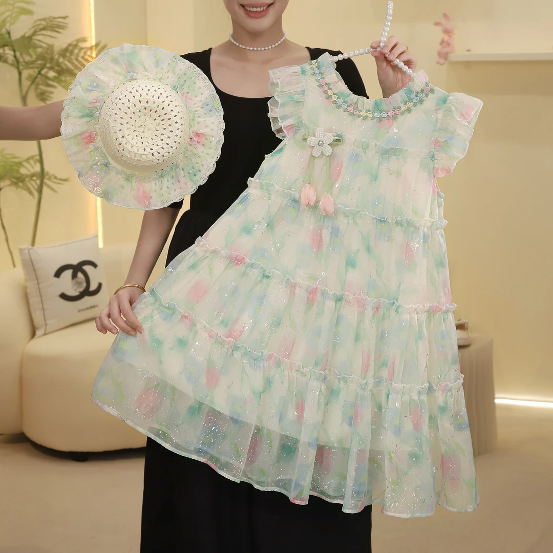 女童连衣裙2025夏季新款小飞袖印花裙中大童公主裙5230001750