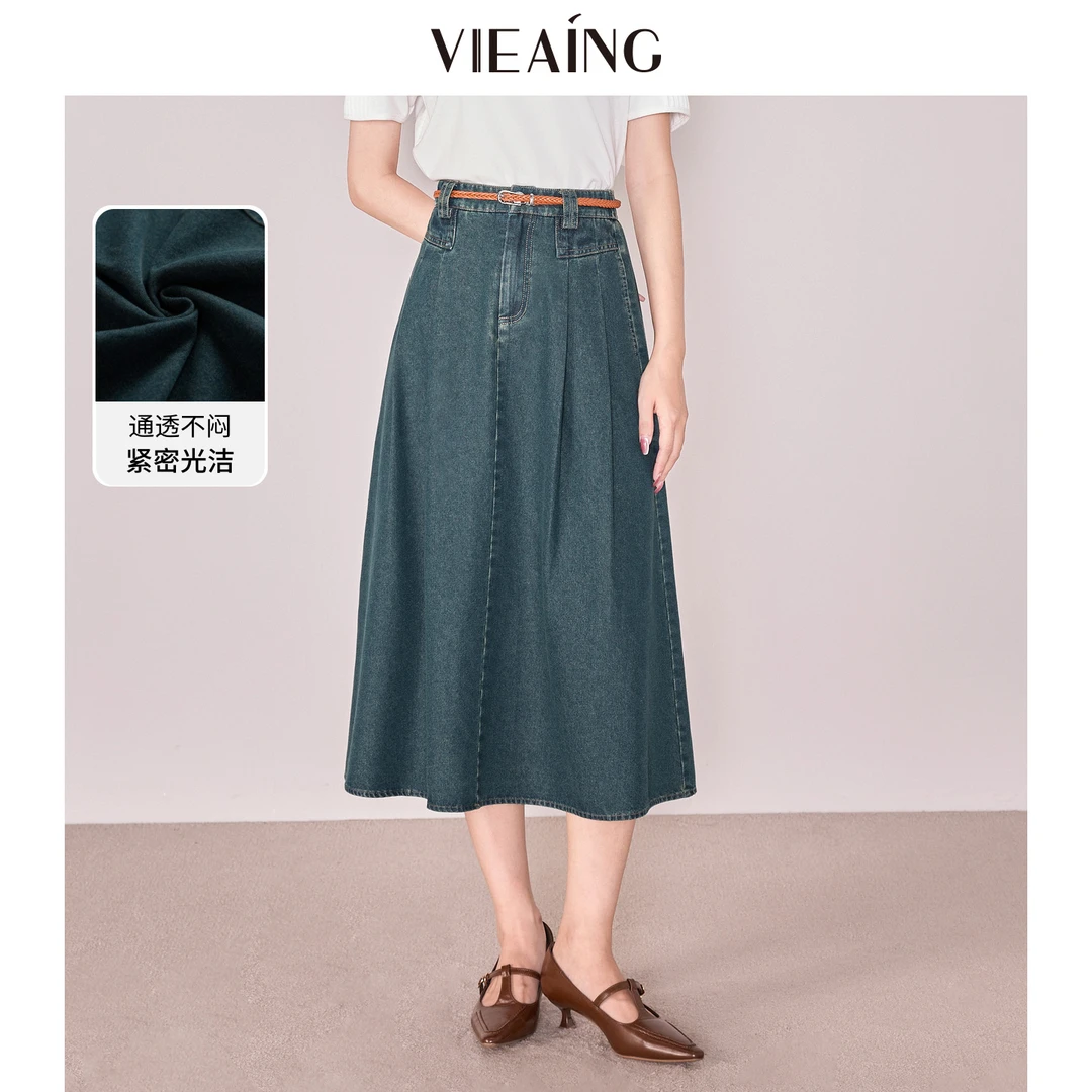 VIEA.ING薇迎牛仔半身裙女2025夏季新款复古配腰绳蓝色半裙中长裙