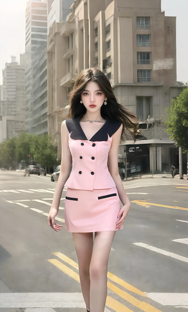 夏季新款通勤风温柔穿搭粉色V领收腰上衣+粉色百搭显瘦半身裙子女