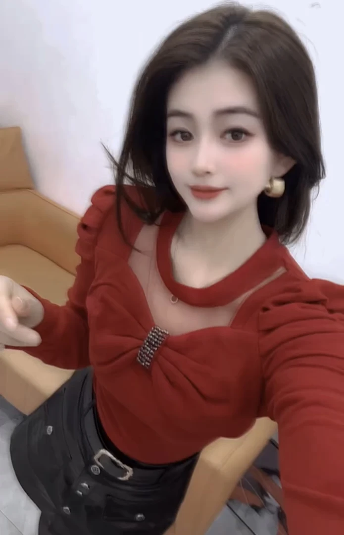 2025秋冬新款时尚洋气长袖上衣网纱拼接半高领小衫泡泡袖打底T恤