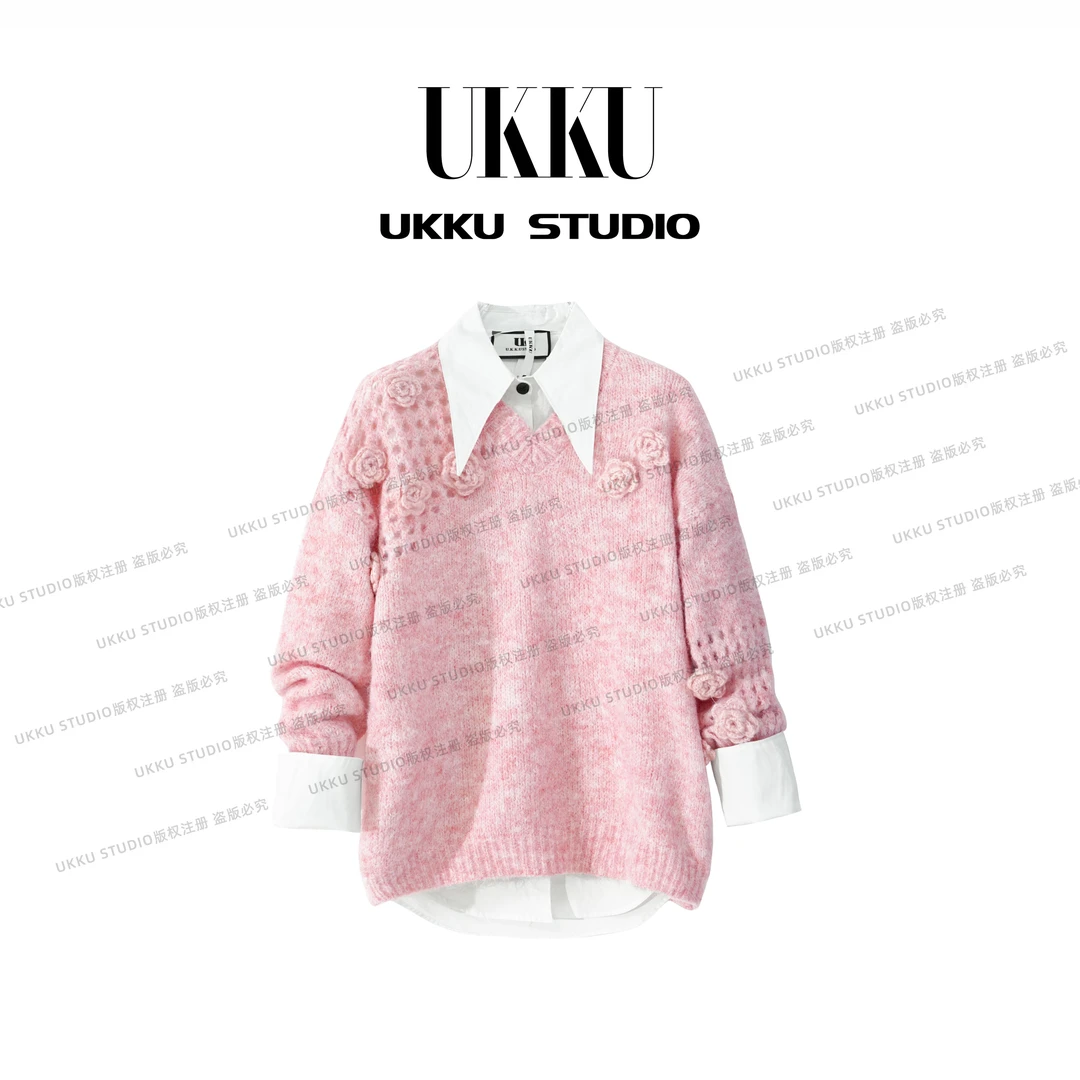 UKKU涂提花秋冬拼接高级感刺绣粉色显白圆领毛衣-615078
