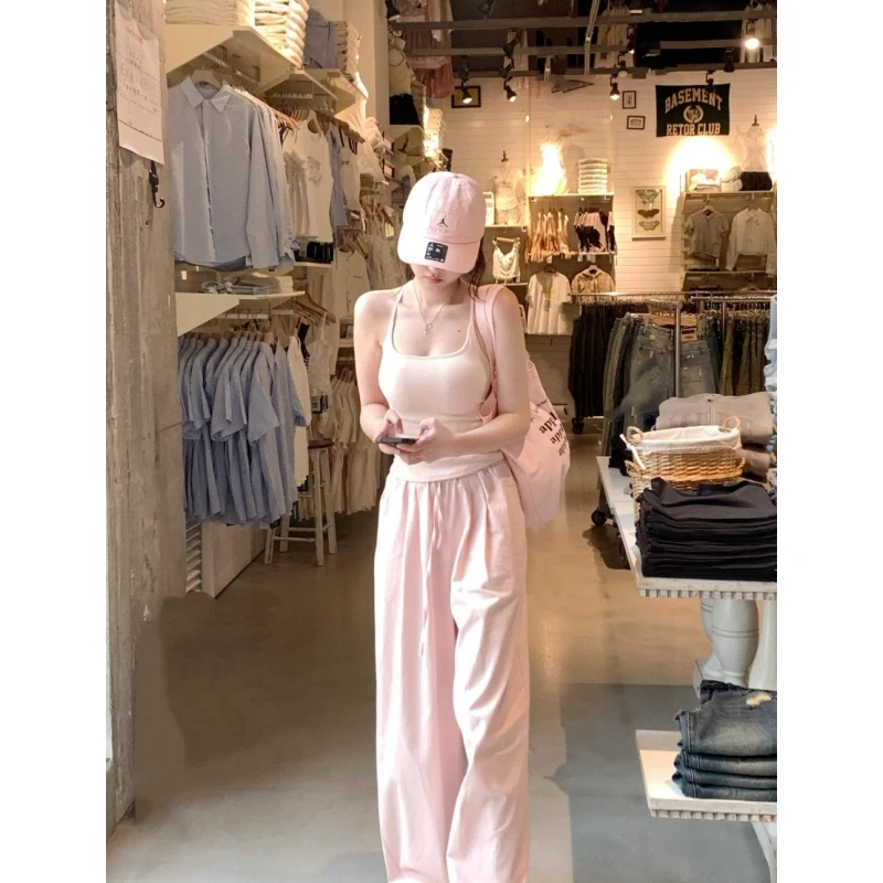 粉色挂脖背心女修身外穿打底内搭性感辣妹工字背带胸垫吊带上衣夏