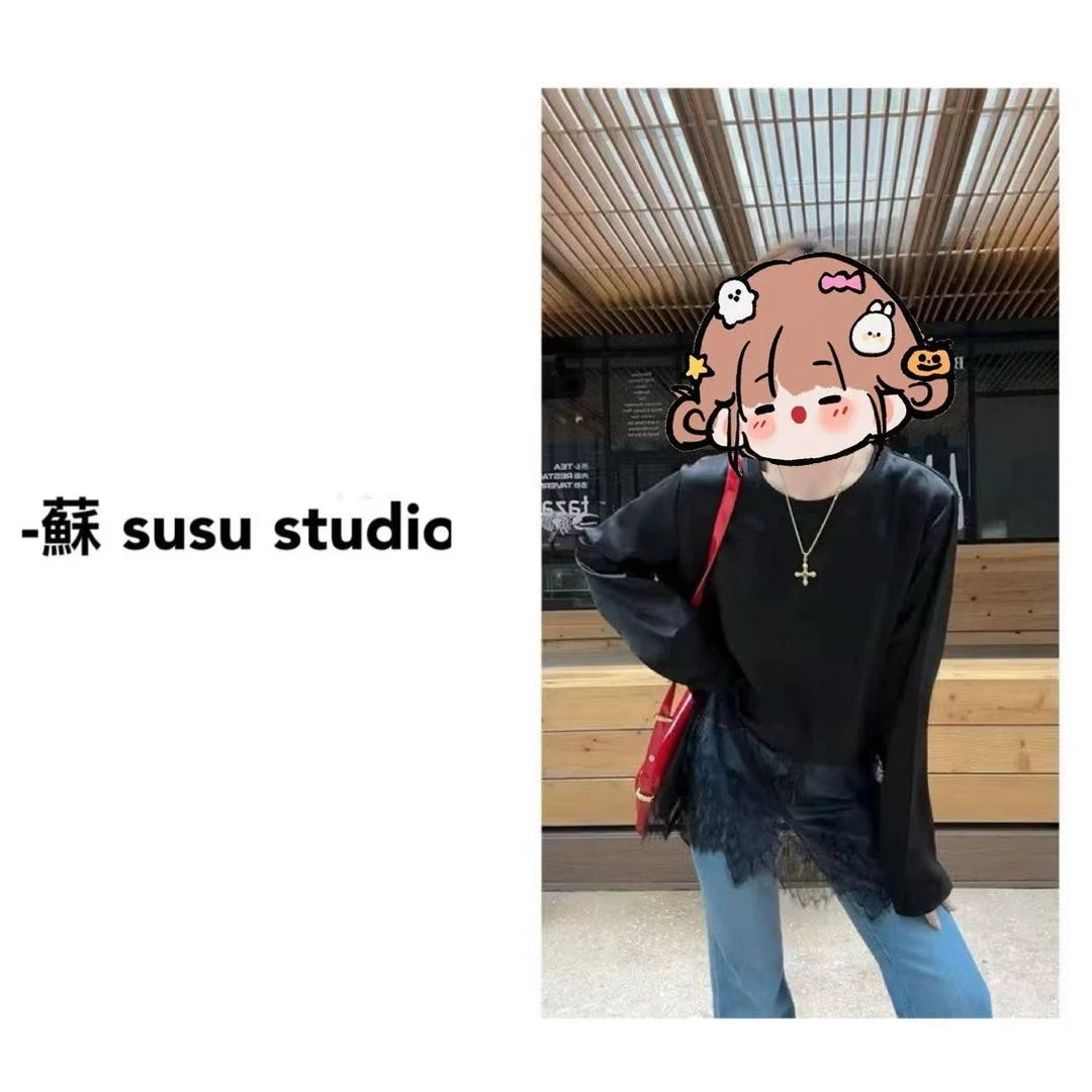 SU针织宽松型圆领印花常规长袖网红休闲常规款T恤千金风 H0074