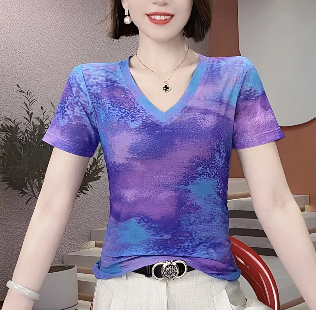 【V领/圆领】网纱印花短袖女装修身打底衫高级感薄款夏款上衣A2129