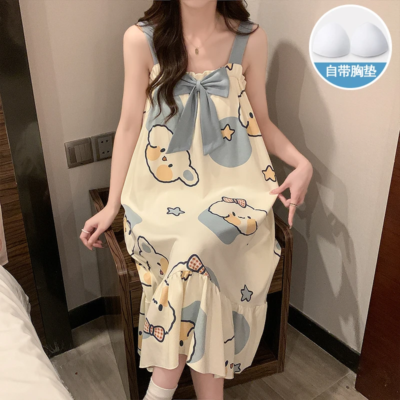 卡通可爱睡衣女夏季带胸垫甜美吊带夏天宽松学生可外穿家居服睡衣