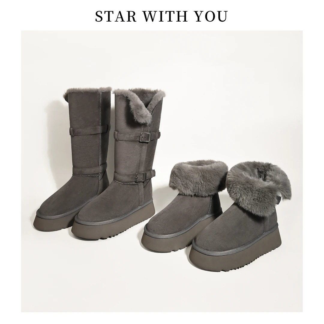 【STAR】冬季新款灰色厚底雪地靴时尚休闲加绒加厚大码女靴2/4cm