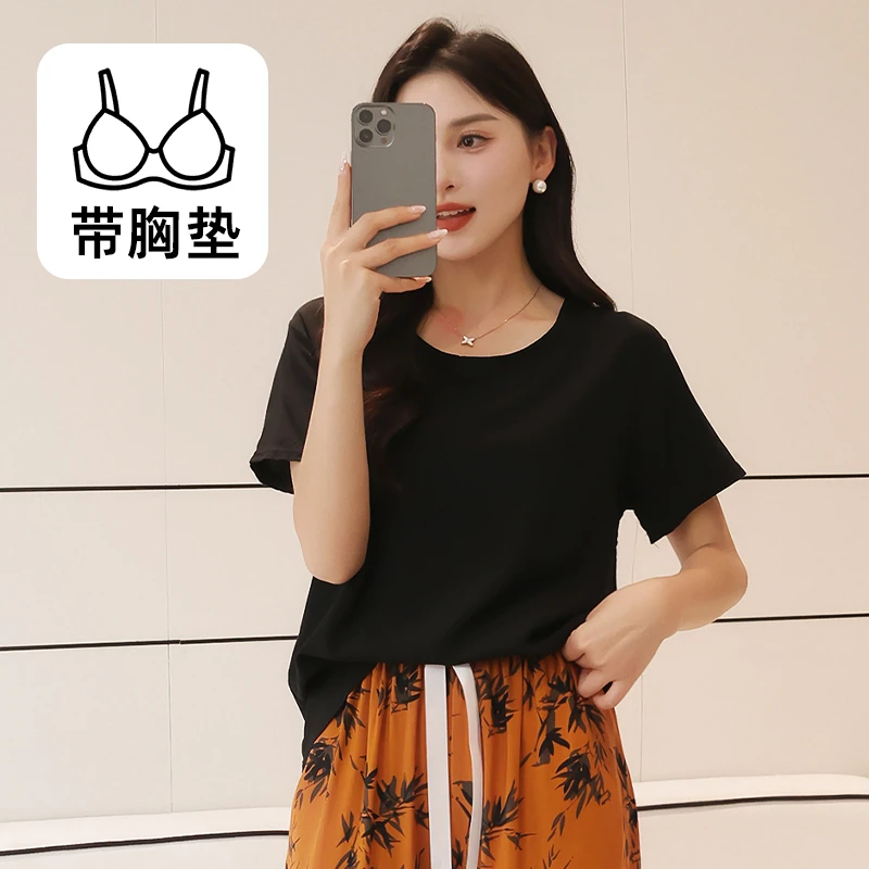 棉绸睡衣上衣女夏季薄款短袖宽松T恤大码纯色打底衫人造棉家居服