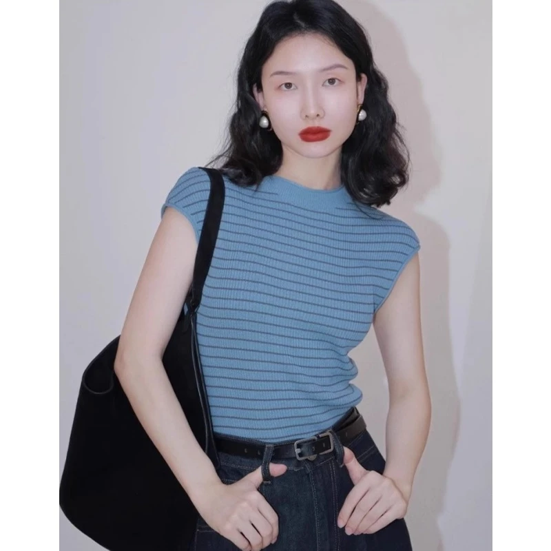 复古港风蓝色条纹短袖t恤女夏季薄款冰丝针织衫修身气质内搭上衣