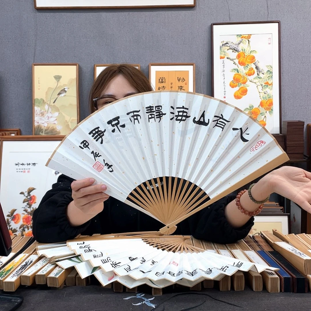 国画95寸玉竹-纯手绘-文玩扇骨（默认粘好）