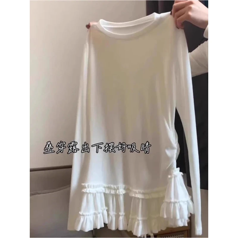 芯娇晴芭蕾风蕾丝花边下摆中长款t恤卫衣女春秋叠穿内搭打底上衣