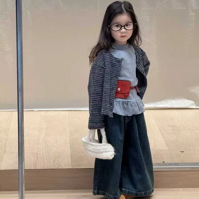 女针织秋季休闲风宽松毛衣条纹套装韩版童装极简风