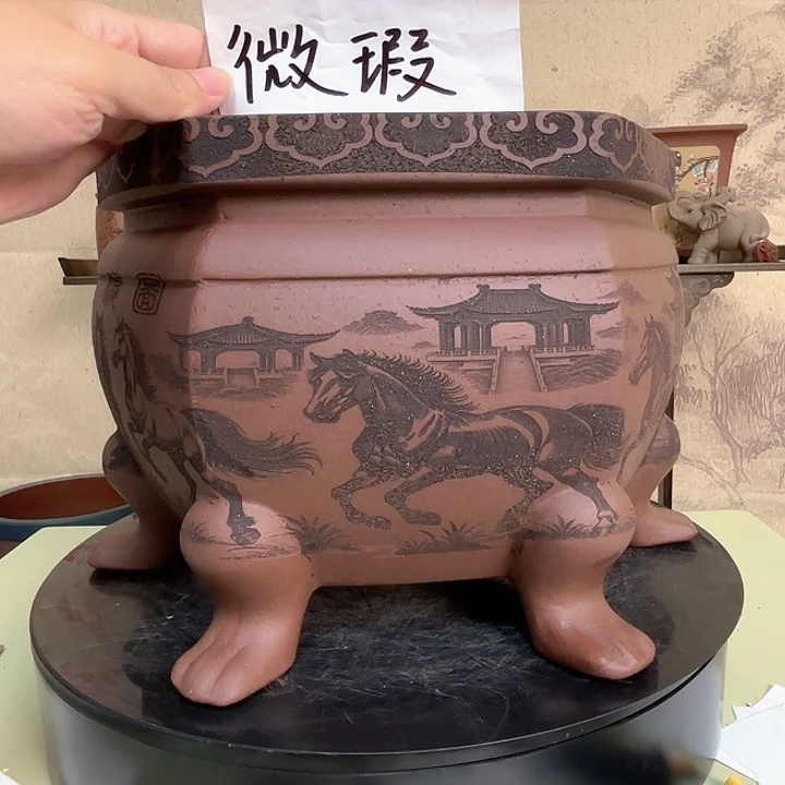 紫砂花盆微瑕八骏图