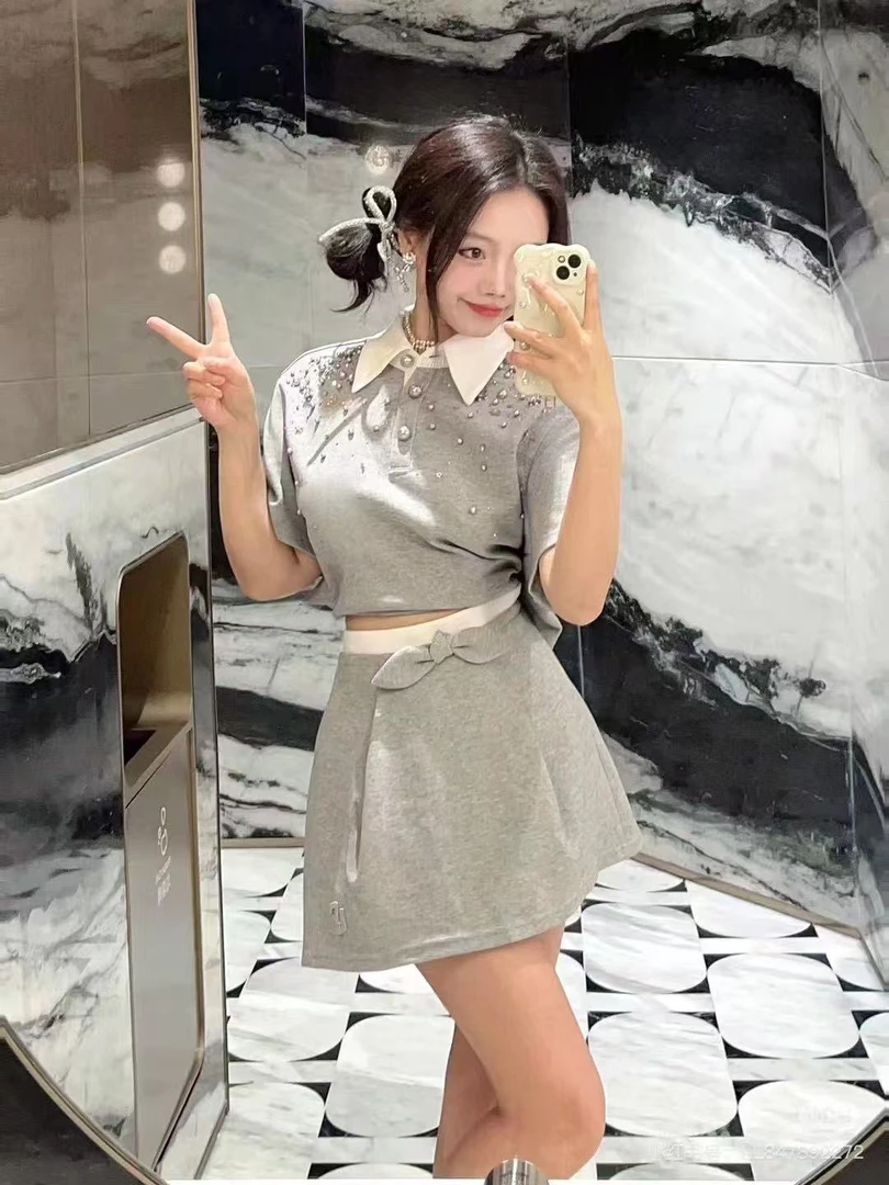 航海系撞色立体渐变钉珠短袖T恤与半身裙搭配套装