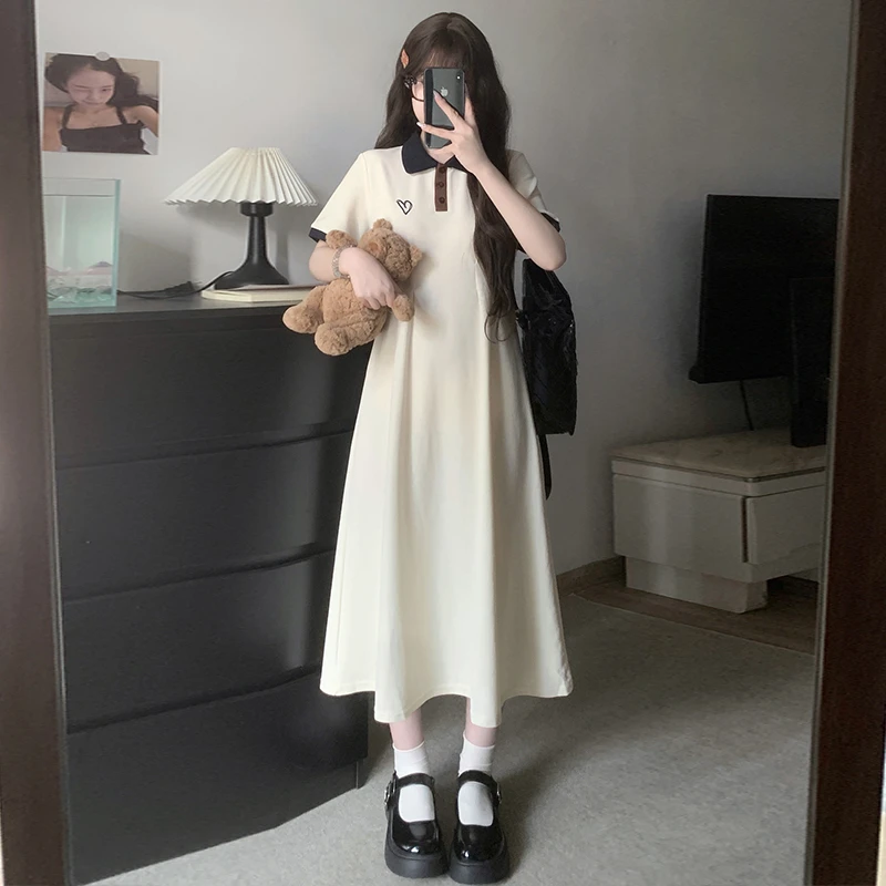 polo领复古连衣裙女大童夏季初中生新款学院风收腰显瘦中长款裙子