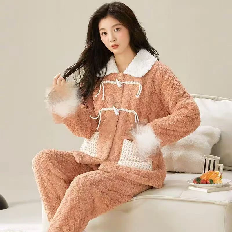 【K063】翻领精品贵妇版新中式盘扣桃粉色三层夹棉加厚