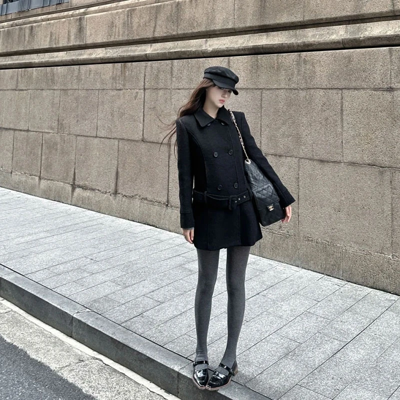 颗粒感复古双排扣低腰修身中长款大衣2025秋季新款呢子翻领外套女