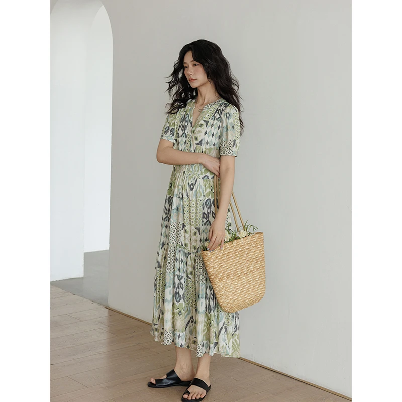 vastand维尚 复古气质连衣裙慵懒风亚麻长裙夏季出游洋气温婉裙子