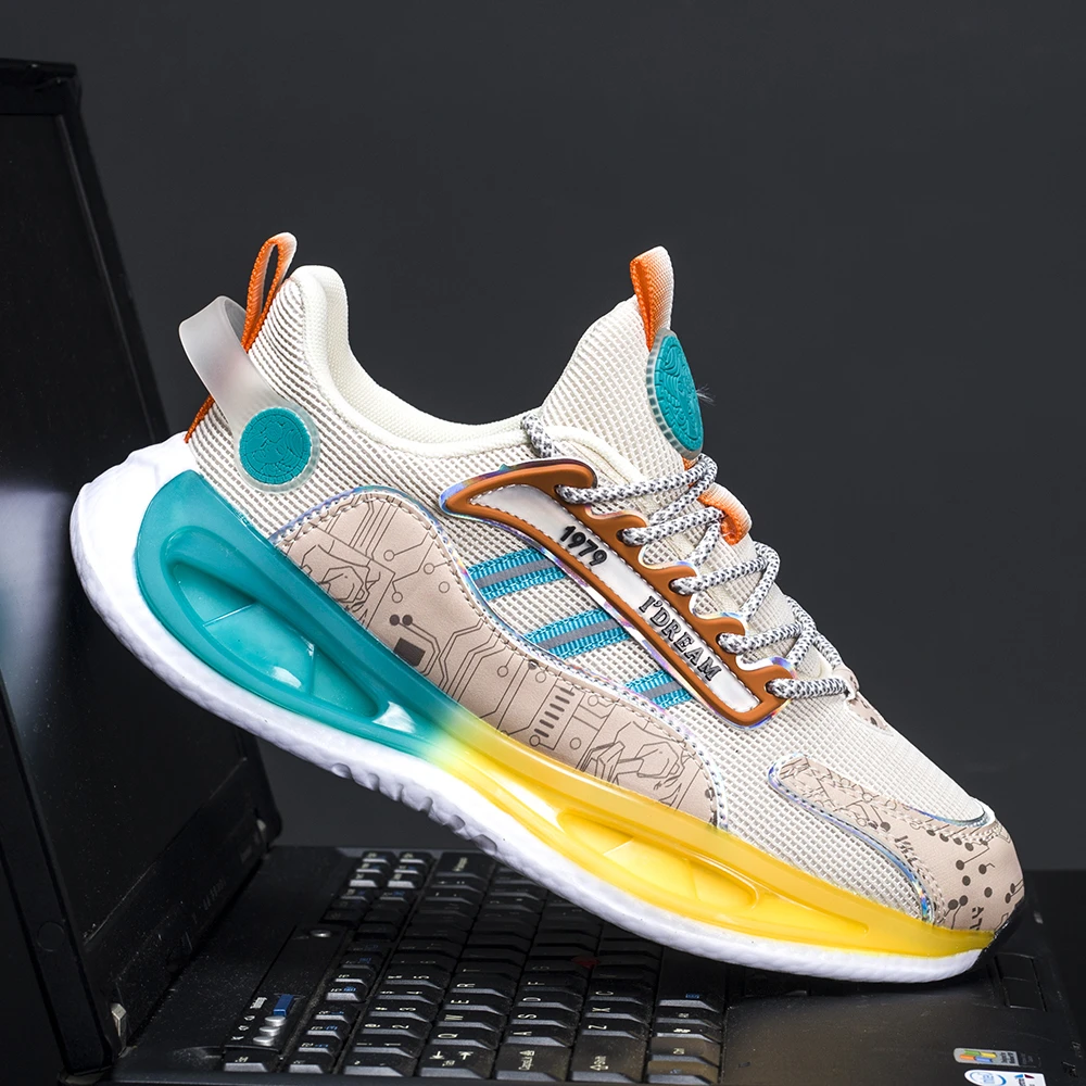 新款情侣时尚百搭休闲鞋透气男鞋网面减震跑步防滑皮面软底运动鞋