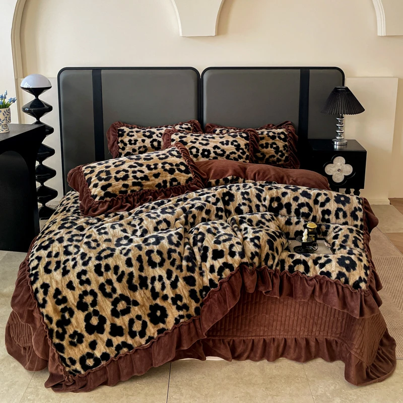 法式花边牛奶绒豹纹加厚床盖四件套冬季高克重双面绒被套防滑被罩